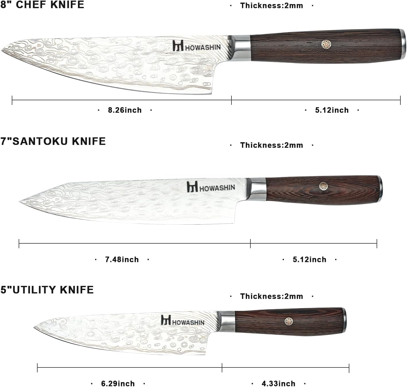 Howashin 3PCS Chef Knife Set, High Carbon Stainless Steel Kitchen Knife Set, Ultra Sharp Japanese Knife with Sheath,Ergonomic Rosewood Handle Elegant Gift Box for Home or Restaurant