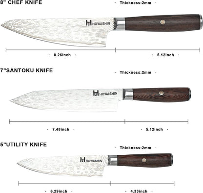 Howashin 3PCS Chef Knife Set, High Carbon Stainless Steel Kitchen Knife Set, Ultra Sharp Japanese Knife with Sheath,Ergonomic Rosewood Handle Elegant Gift Box for Home or Restaurant