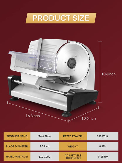 FOHERE 200W Meat Slicer Machine for Home, Electric Food Slicer with Two 7.5" Sharp Stainless Steel Blade(Serrated + Smooth) 0-15mm Precise Thickness Deli Meat Slicer for Bread Fruit Vegetable(Silver)