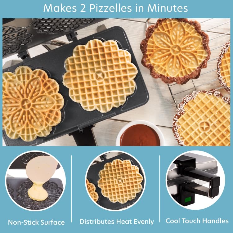 Pizzelle Maker- Non-Stick Electric Baker Press Makes Two 5-Inch Cookies at Once, Even Heating Plates- Must Have Party Baking Supplies- Italian Easter Dessert Treat Making w Recipe Guide- Gift for Her