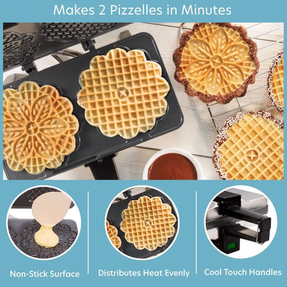 Pizzelle Maker- Non-Stick Electric Baker Press Makes Two 5-Inch Cookies at Once, Even Heating Plates- Must Have Party Baking Supplies- Italian Easter Dessert Treat Making w Recipe Guide- Gift for Her