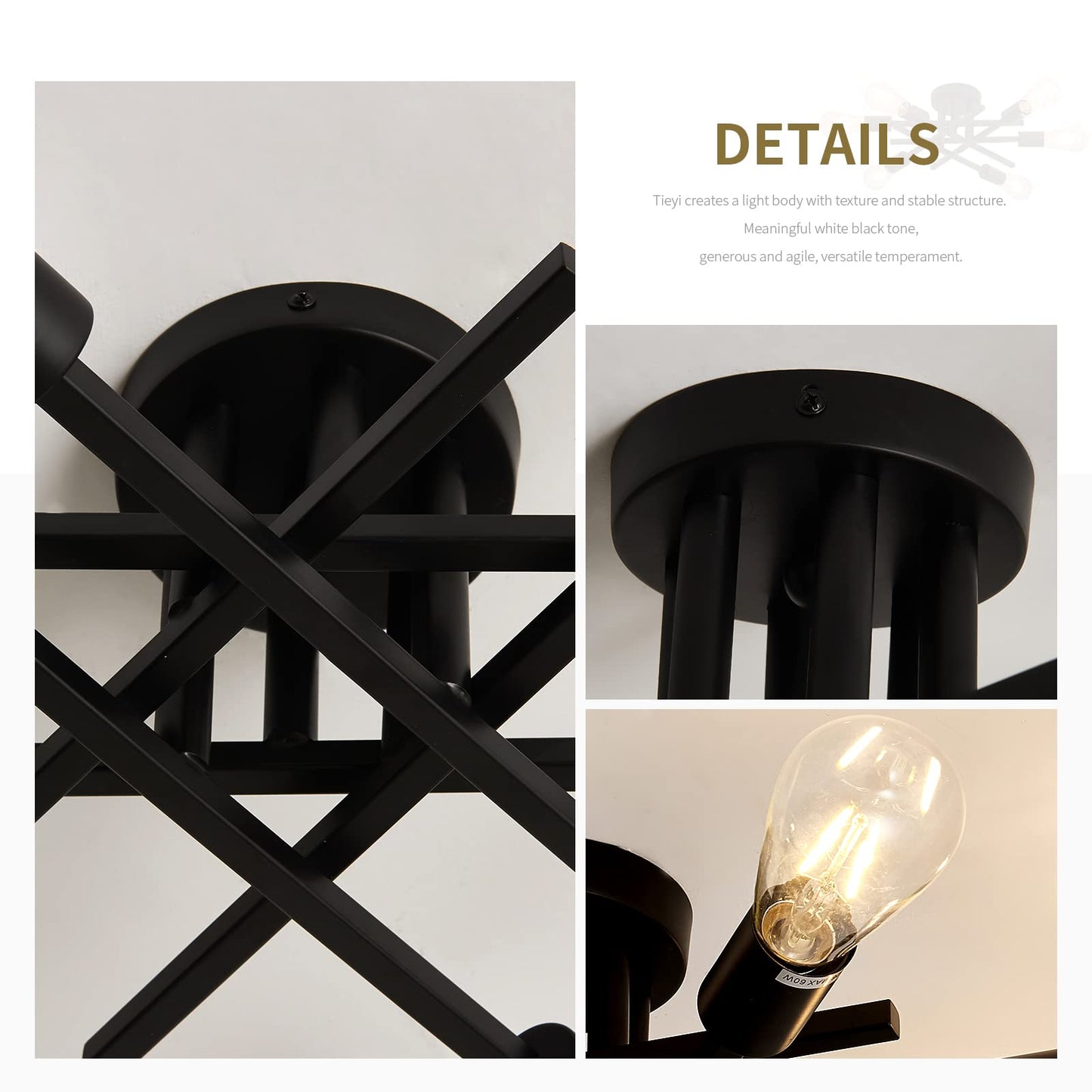 ASGYISA Semi Flush Mount Modern Ceiling Light Fixture， 6 Lights Black Vintage Matte Sputnik Chandelier Ceiling Lamp with E26 Bulb Base for Farmhouse Dining Room Living Room Bedroom Study Kitchen