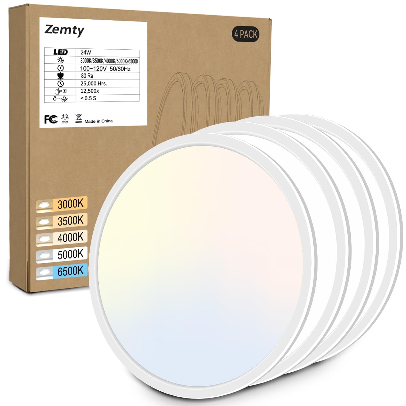 zemty 4Pack 12 Inch LED Ceiling Light Flush Mount, 24W 2640lm Super Slim Flush Mount Ceiling Lamp Fixtures, 3000K/3500K/4000K/5000K/6500K Selectable for Bedroom Bathroom Kitchen Living Room (White)