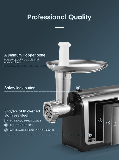 Electric Meat Grinder, Sausage Stuffer with 3 Sausage Tubes, 2 Blades, 3 Plates, 3200W Max, Meat Grinder Heavy Duty for Home Kitchen Use, Stainless Steel (Black)