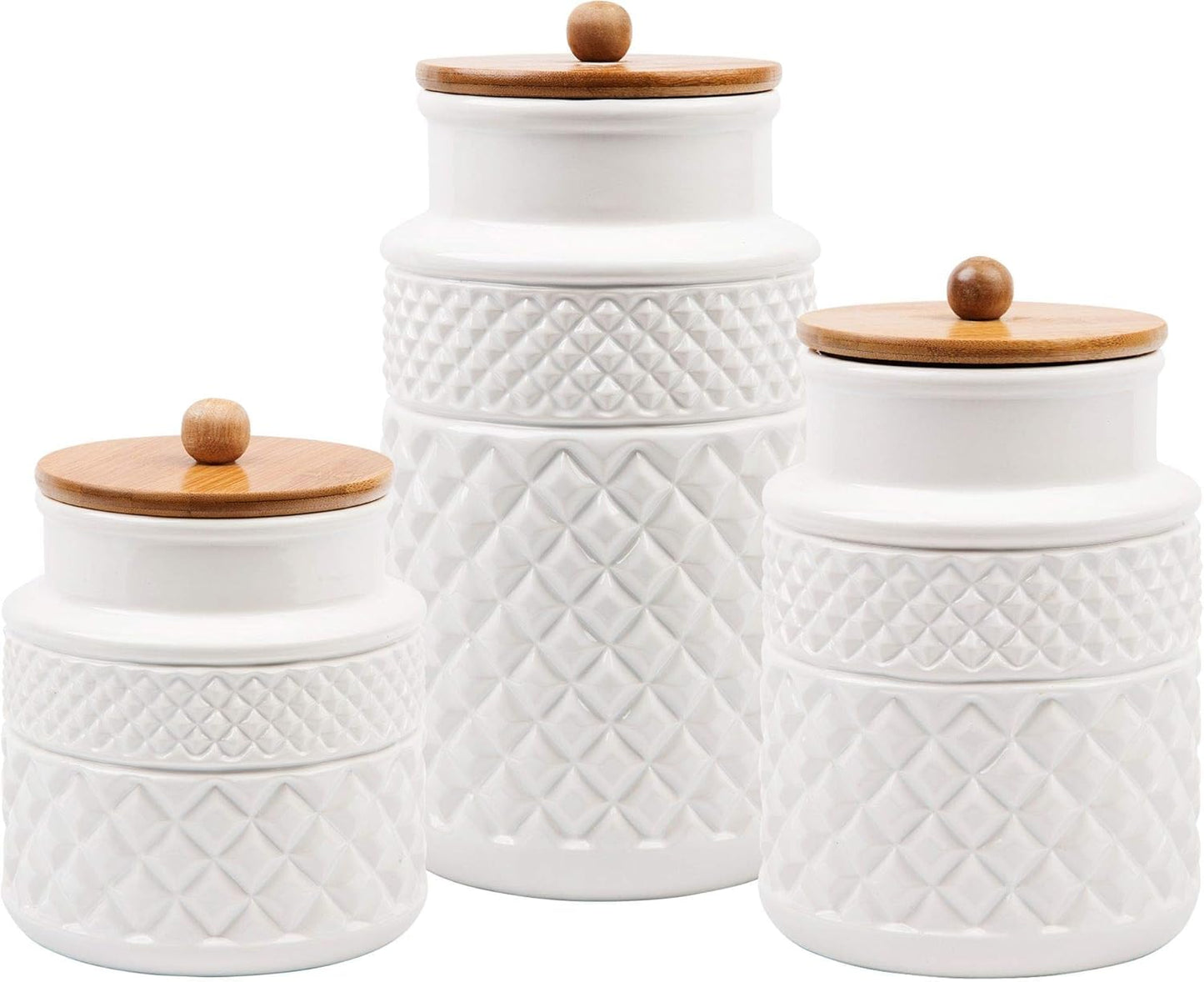 MosJos Set of 3 White Canisters Embossed Faceted Ceramic, 3 Round Jars with Bamboo Lid and Rubber Gasket for Kitchen - Food Storage.