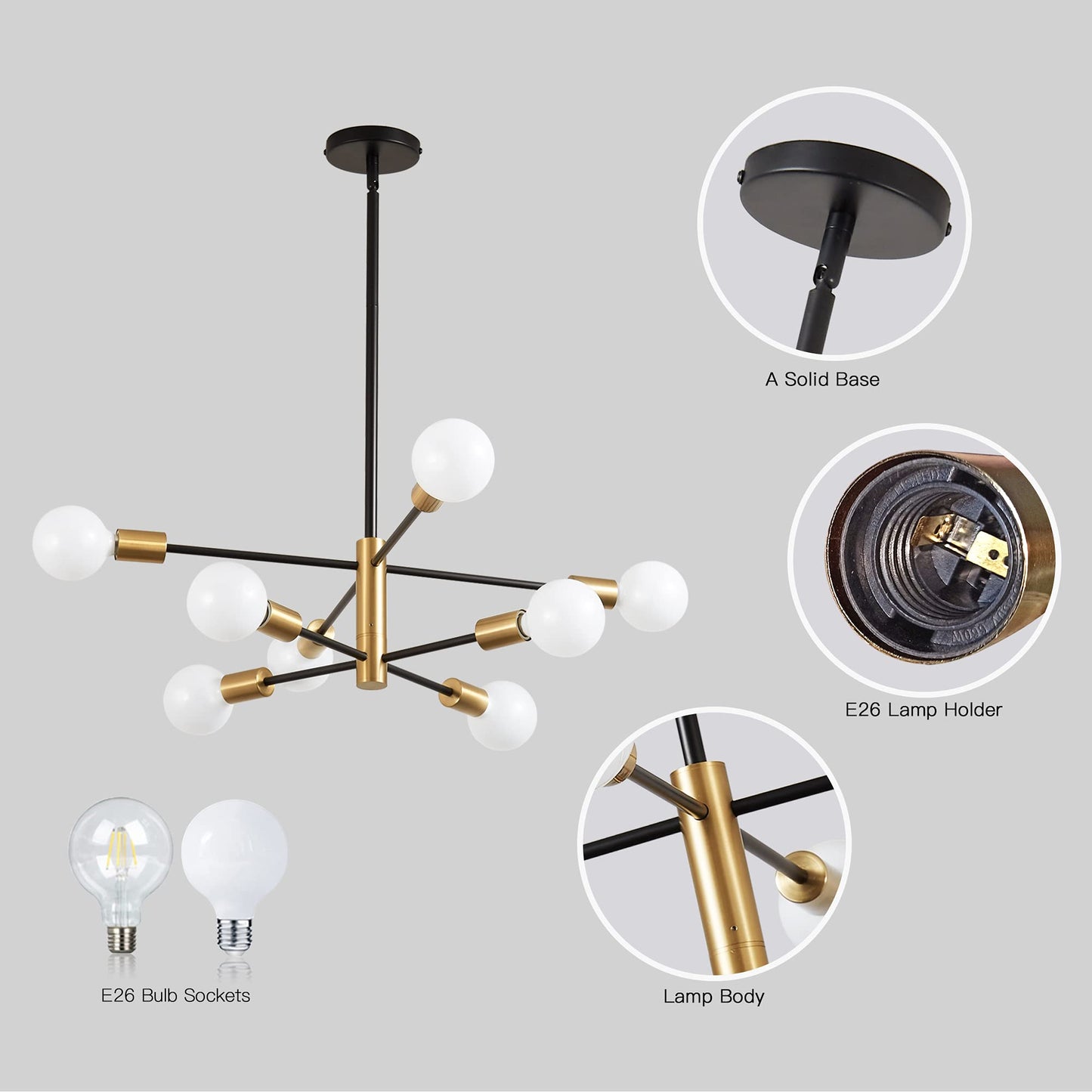 KAISITE Modern Sputnik Chandelier - 8-Light Ceiling Light Fixture Height Adjustable Mid Century Plating Finished Black and Gold Chandelier for Bedroom Living Room Dining Room Kitchen Foyer