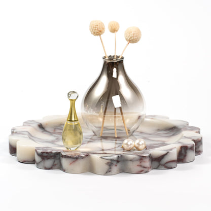 LWALMS Scalloped Round Marble Tray - 9.9 Inch Violet Stone Decorative Perfume Trinket Jewelry Dish, Catchall Organizer for Bathroom Vanity Dresser Kitchen Countertop Home Decor