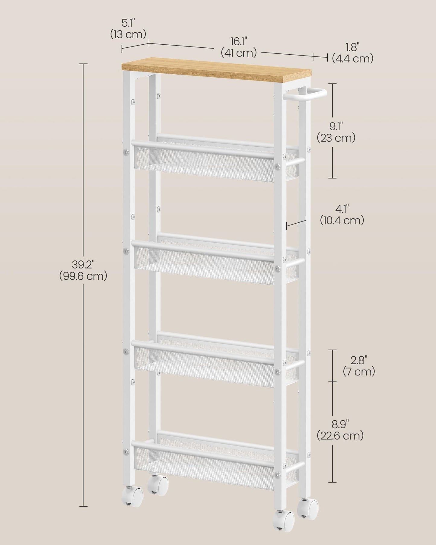 VASAGLE Slim Rolling Cart, 5-Tier Storage Cart, Narrow Cart with Handle, 5.1 Inches Deep, Metal Frame, for Kitchen, Dining Room, Living Room, Home Office, Oak Beige and Classic White ULRC034W09