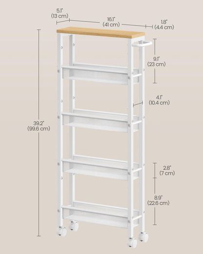 VASAGLE Slim Rolling Cart, 5-Tier Storage Cart, Narrow Cart with Handle, 5.1 Inches Deep, Metal Frame, for Kitchen, Dining Room, Living Room, Home Office, Oak Beige and Classic White ULRC034W09