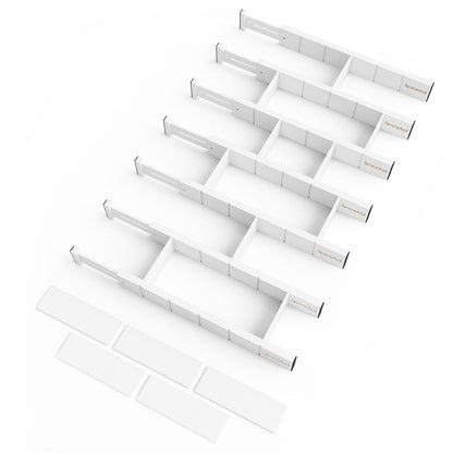 SpaceAid Bamboo Drawer Dividers with Inserts and Labels, Kitchen Adjustable Drawer Organizers, Expandable Organization for Home, Office, Dressers, 7 Dividers with 15 Inserts (17"-22" White)