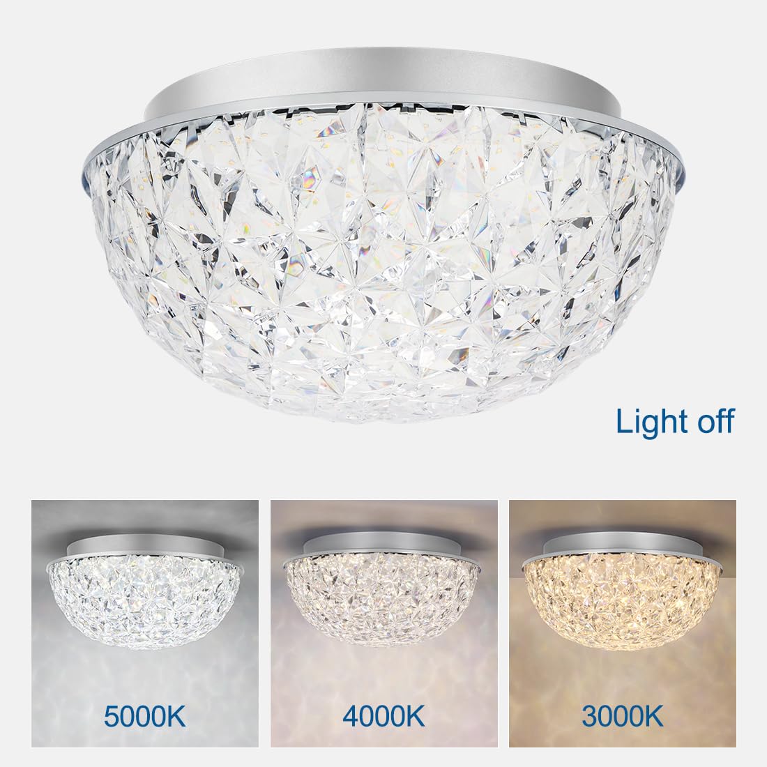 DAKASON LED Ceiling Light Fixture Flush Mount, Crystal Chandelier Modern Ceiling Light for Kitchen, Hallway, Living Room, Foyer, Closet, 12In 15W 1640LM, 3/4/5000K CCT Selectable, Dimmable