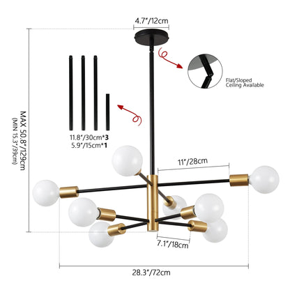 KAISITE Modern Sputnik Chandelier - 8-Light Ceiling Light Fixture Height Adjustable Mid Century Plating Finished Black and Gold Chandelier for Bedroom Living Room Dining Room Kitchen Foyer