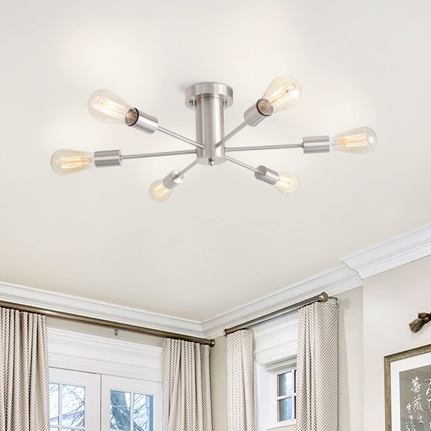KOSTOMO Kitchen Light Fixtures 6 Lights Ceiling Lights Fixture Nickel Modern Semi Flush Mount Lighting Sputnik Chandelier for Bedroom Dining Room Hallway