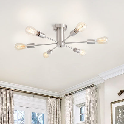 KOSTOMO Kitchen Light Fixtures 6 Lights Ceiling Lights Fixture Nickel Modern Semi Flush Mount Lighting Sputnik Chandelier for Bedroom Dining Room Hallway