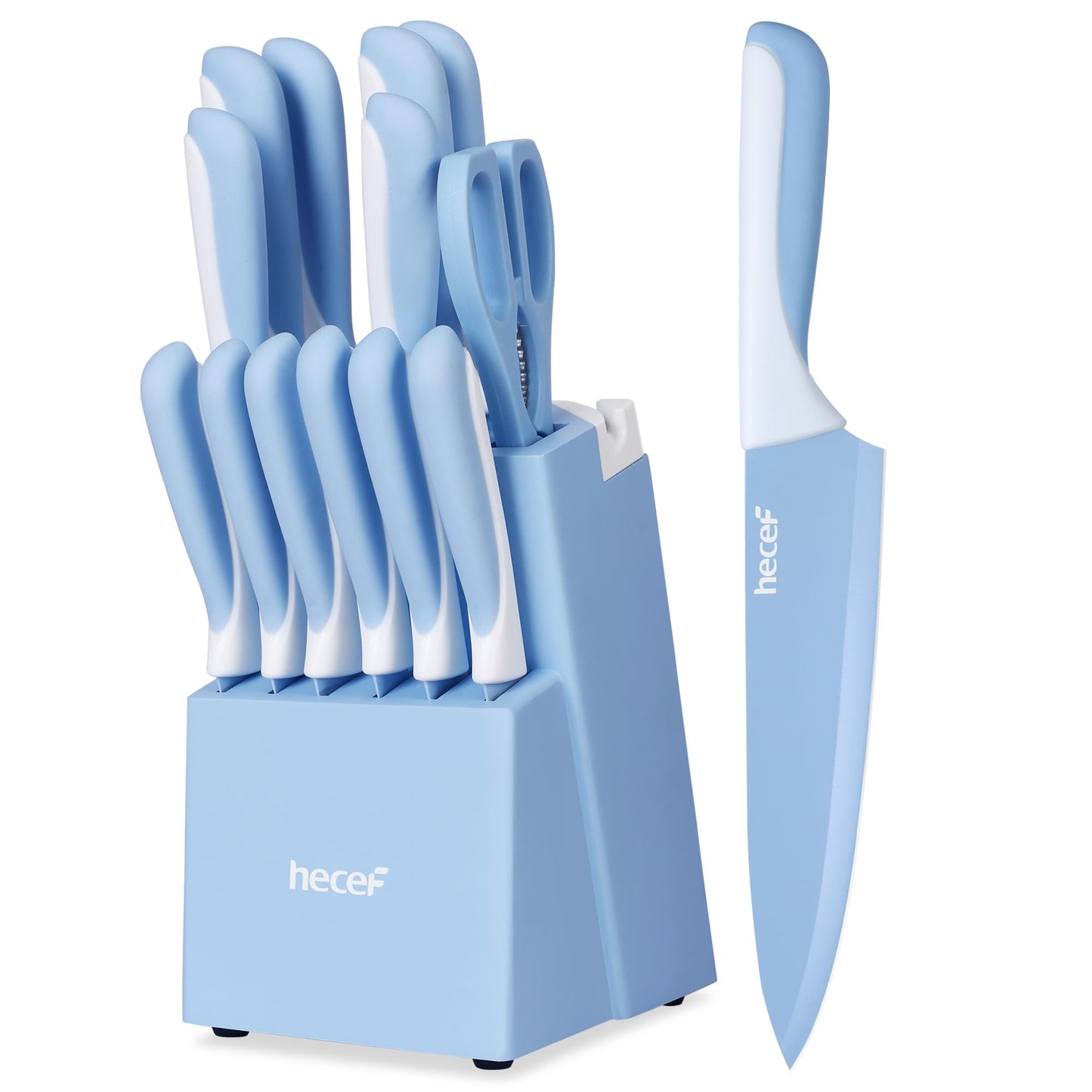 hecef 15 Pieces Kitchen Knife Set with Built-in Sharpening Wooden Block, Dishwasher Safe, High Carbon Stainless Steel Knife Block Set with Steak Knives, Kitchen Scissors, Blue