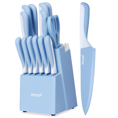 hecef 15 Pieces Kitchen Knife Set with Built-in Sharpening Wooden Block, Dishwasher Safe, High Carbon Stainless Steel Knife Block Set with Steak Knives, Kitchen Scissors, Blue
