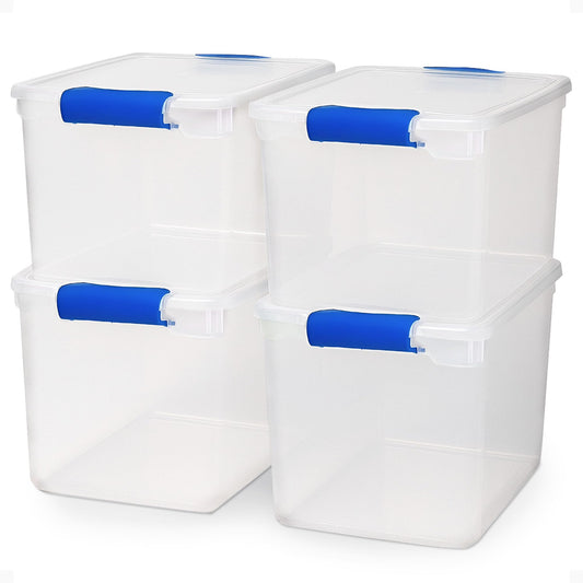 HOMZ 4-Pack 31 Quart Latching Lid, Clear Plastic Storage Organizer Bins, Blue – Stackable Containers for Home & Office Shelves, Kitchen, Garage, and Bathroom Organization