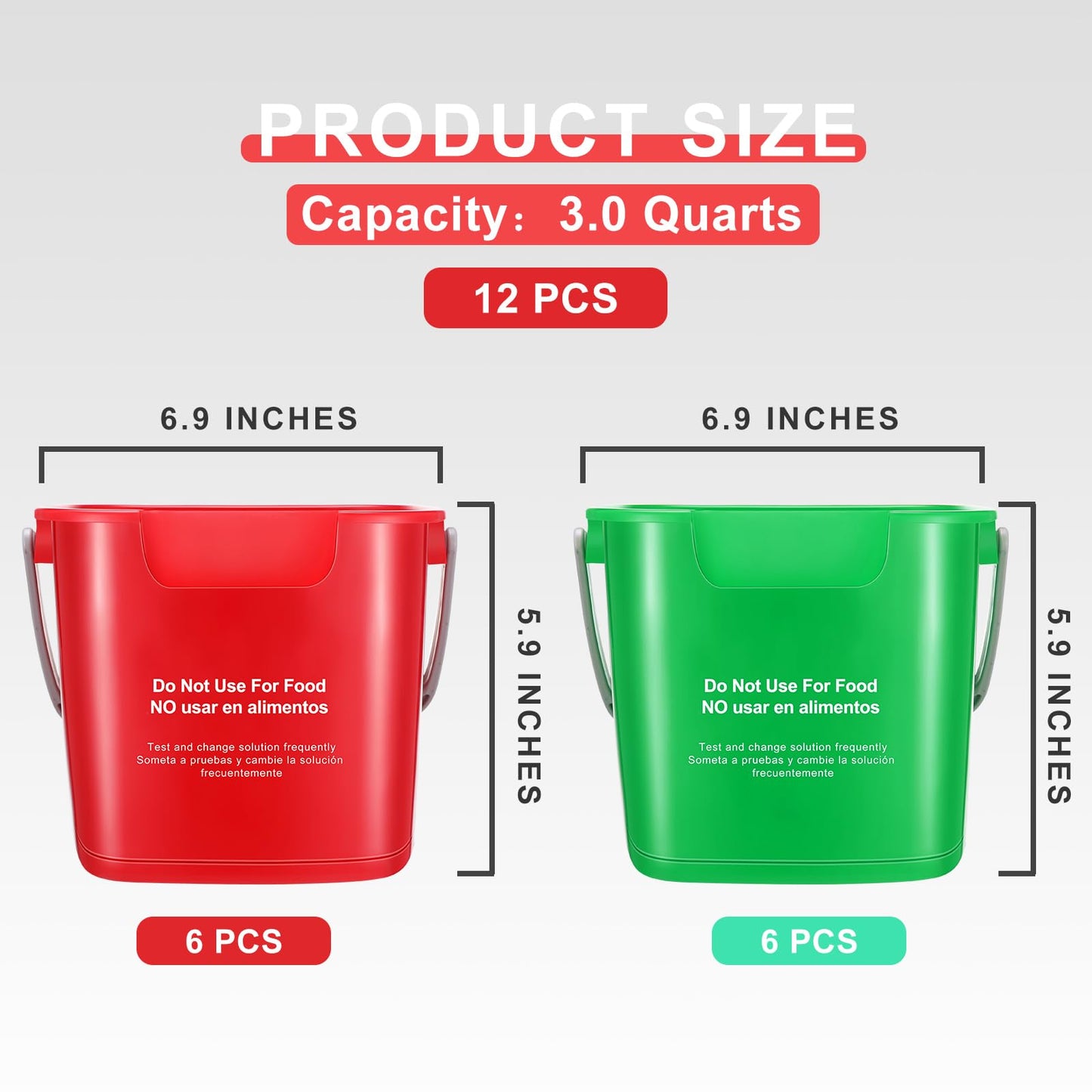 Lallisa 12 Pcs 3 Quart Cleaning Bucket Small Sanitizing Square Bucket Detergent Pail for Home Office Commercial Restaurant Kitchen Bathroom School (Red Green)
