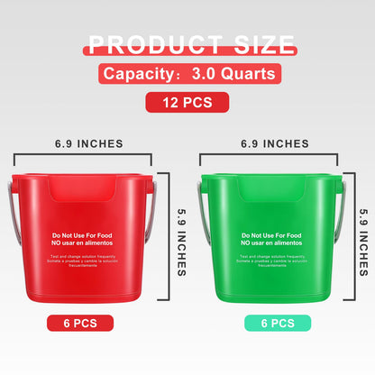 Lallisa 12 Pcs 3 Quart Cleaning Bucket Small Sanitizing Square Bucket Detergent Pail for Home Office Commercial Restaurant Kitchen Bathroom School (Red Green)