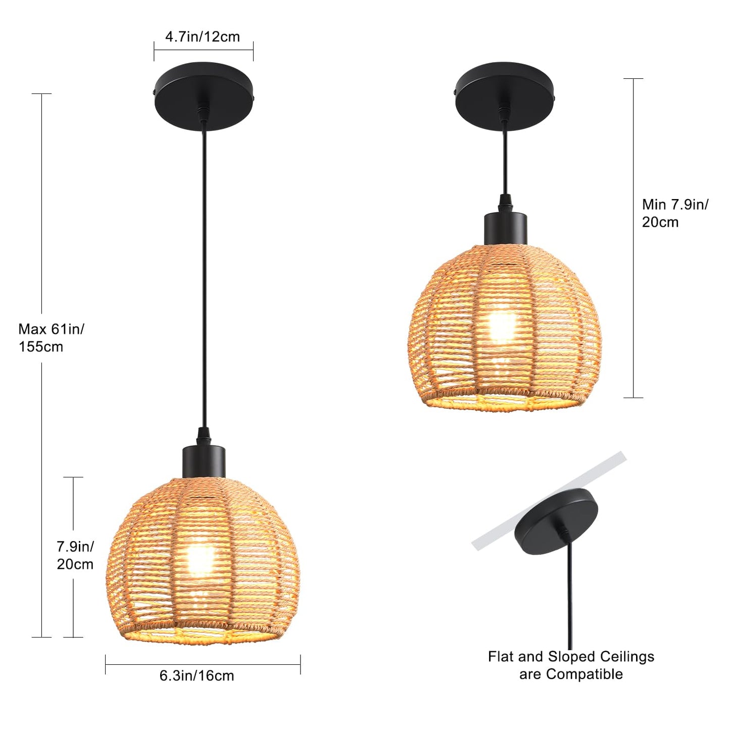 Woven Pendant Light Boho Chandelier, Rattan Pendant Lights Kitchen Island, Farmhouse Pendant Lighting with Hand Woven Wicker Shade, Boho Chandelier Light Fixtures Ceiling Hanging Light