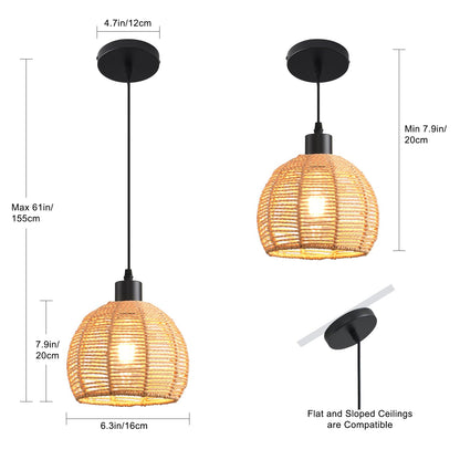 Woven Pendant Light Boho Chandelier, Rattan Pendant Lights Kitchen Island, Farmhouse Pendant Lighting with Hand Woven Wicker Shade, Boho Chandelier Light Fixtures Ceiling Hanging Light