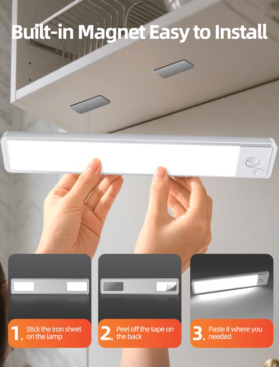 VOZUJI Under Cabinet Lighting: 8 Inch 3-Color Dimmable Rechargeable Motion Sensor Lights Indoor - Battery Operated Lights - Closet Light Magnetic Led Light for Kitchen Home Bathroom Counter 5 Pack