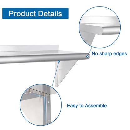 HARDURA Stainless Steel Shelf 12" x 36", 230lb Commercial Shelves Wall Mount Metal Shelving with Backsplash and Brackets for Kitchen, Restaurant, Laundry Room and Home
