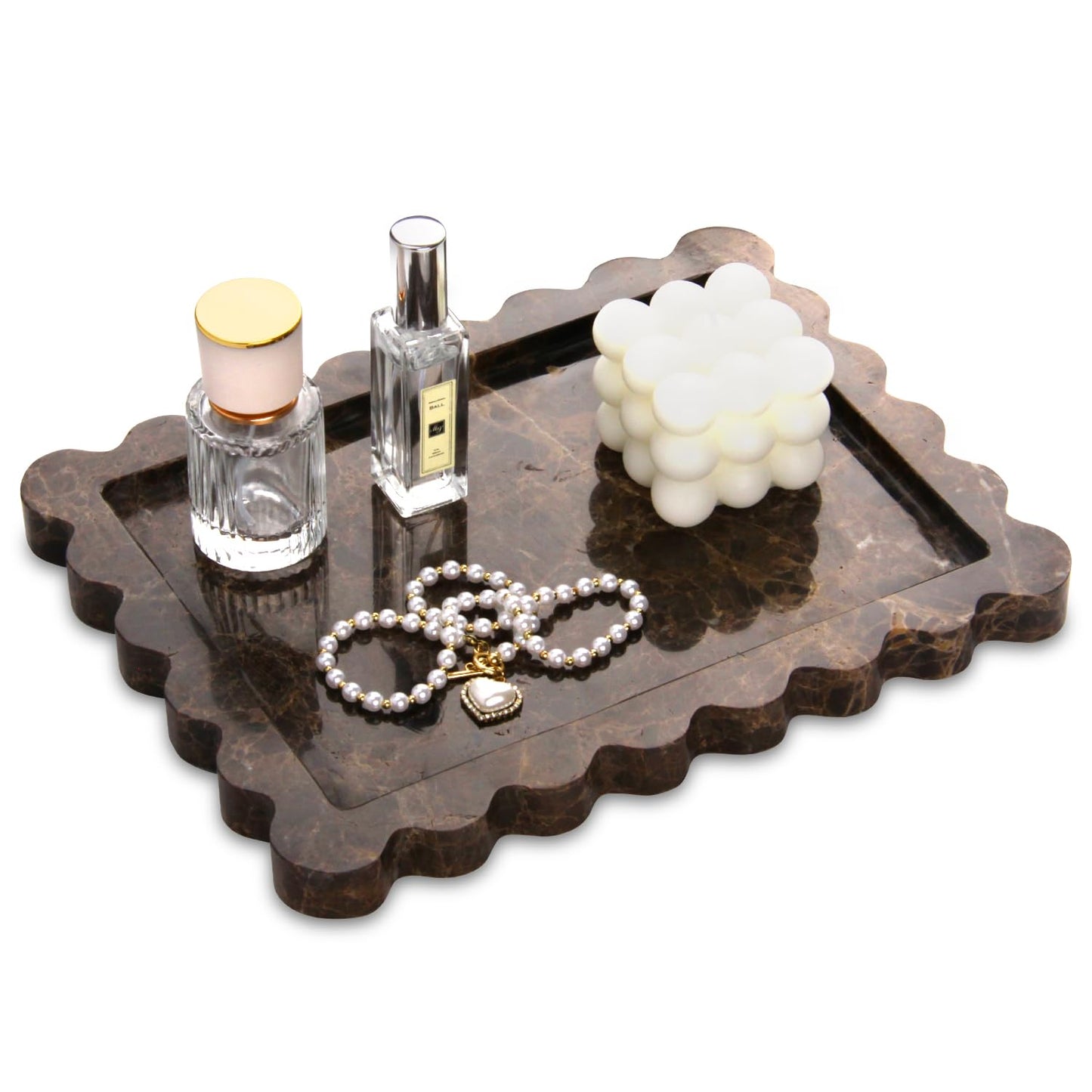 Scalloped Marble Decorative Tray,Luxury Natural Stone Bathroom Vanity Tray, Dresser Top Perfume Coffee Home Kitchen Toilet Sink Tray, Key Trinket Ring (Light Emperador, 10.8 * 8)