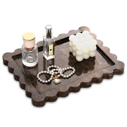 Scalloped Marble Decorative Tray,Luxury Natural Stone Bathroom Vanity Tray, Dresser Top Perfume Coffee Home Kitchen Toilet Sink Tray, Key Trinket Ring (Light Emperador, 10.8 * 8)