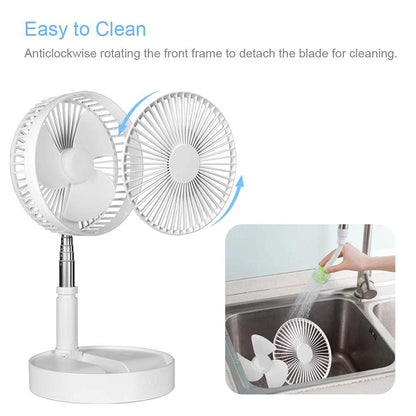 QUALORI Pedestal Fan Foldaway, Portable, Rechargeable, Desk or Floor suitable for Home Kitchen Camping (White) (No remote control)