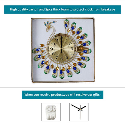 FLEBLE Large Wall Clocks for Living Room Decor Gold Decoration Wall Clock Silent Battery Operated Non Ticking for Bedroom Kitchen 14 Inch Retro Peacock Crystal Wall Watch Quartz for Home Office Indoor