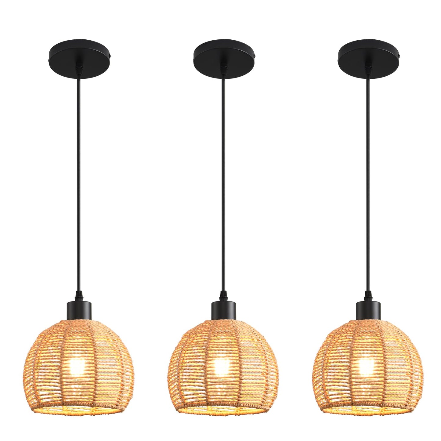 Woven Pendant Light Boho Chandelier, Rattan Pendant Lights Kitchen Island, Farmhouse Pendant Lighting with Hand Woven Wicker Shade, Boho Chandelier Light Fixtures Ceiling Hanging Light