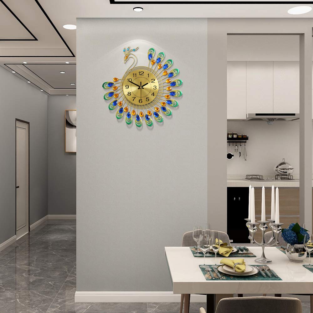 FLEBLE Large Wall Clocks for Living Room Decor Gold Decoration Wall Clock Silent Battery Operated Non Ticking for Bedroom Kitchen 14 Inch Retro Peacock Crystal Wall Watch Quartz for Home Office Indoor