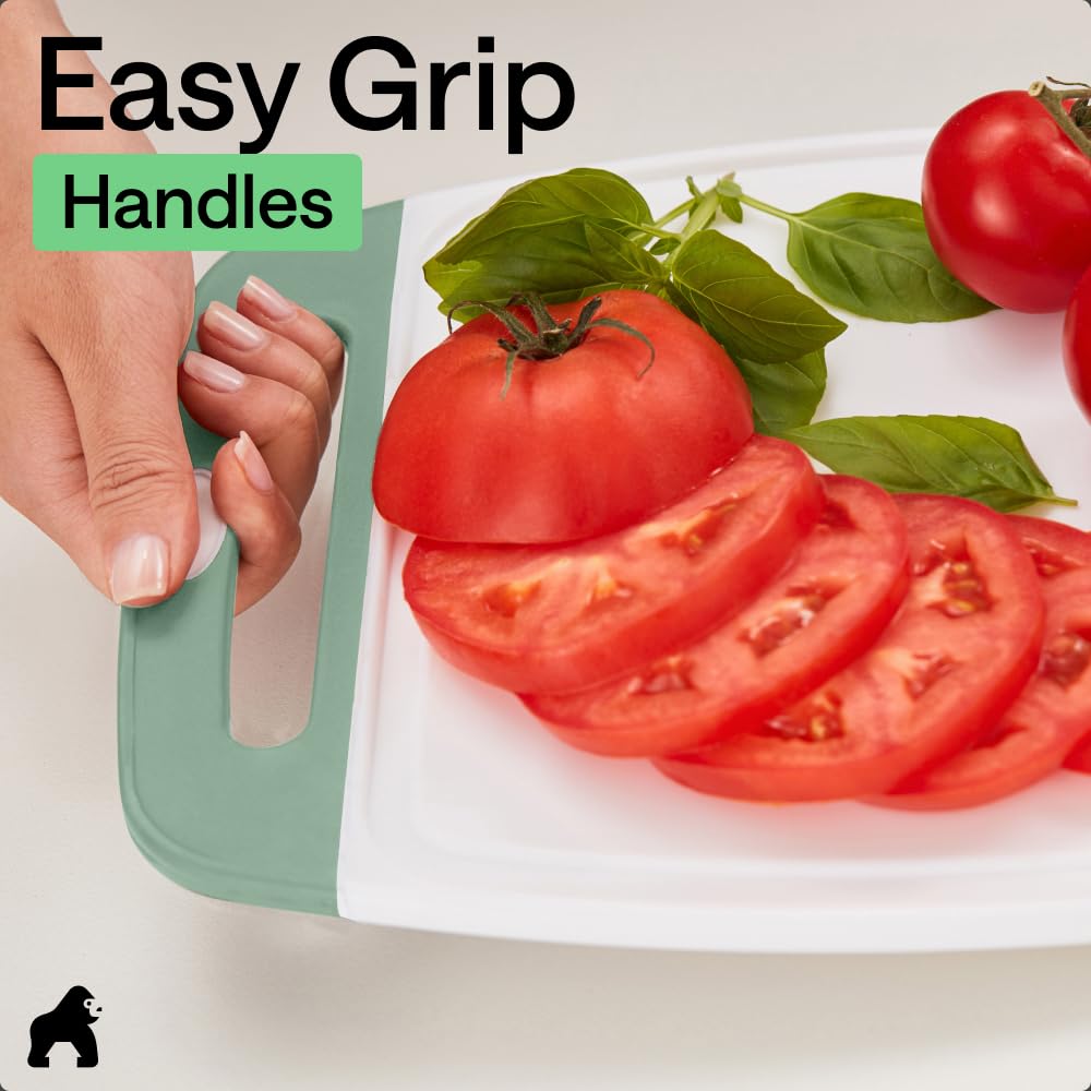 GORILLA GRIP BPA-Free Reversible Kitchen Cutting Board Set of 3, US Designed, Nonporous, Juice Grooves Catch Liquid, Slip Resistant Border, Dishwasher Safe Large Food Chopping Boards, Gray Mint Pink