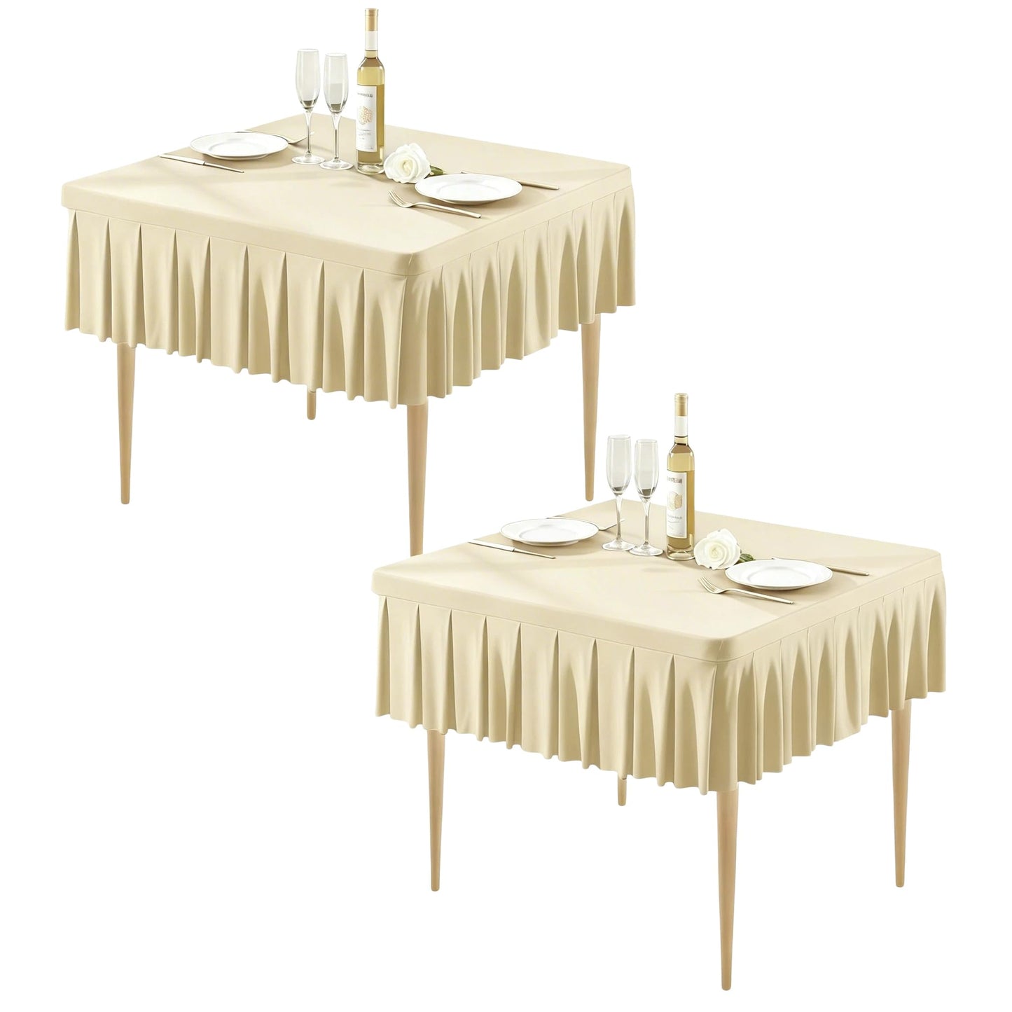 2 Pack Natural Spandex Tablecloths for 34x34 Inch Square Tables, Stretch Fitted Table Clothes with Pleated Ruffle Skirt for 34” Table, Wrinkle Free and Elastic, for Party Kitchen Home Dining