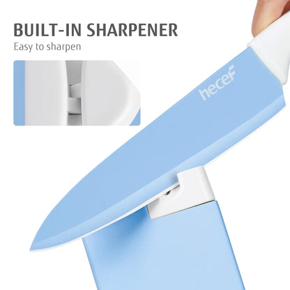 hecef 15 Pieces Kitchen Knife Set with Built-in Sharpening Wooden Block, Dishwasher Safe, High Carbon Stainless Steel Knife Block Set with Steak Knives, Kitchen Scissors, Blue