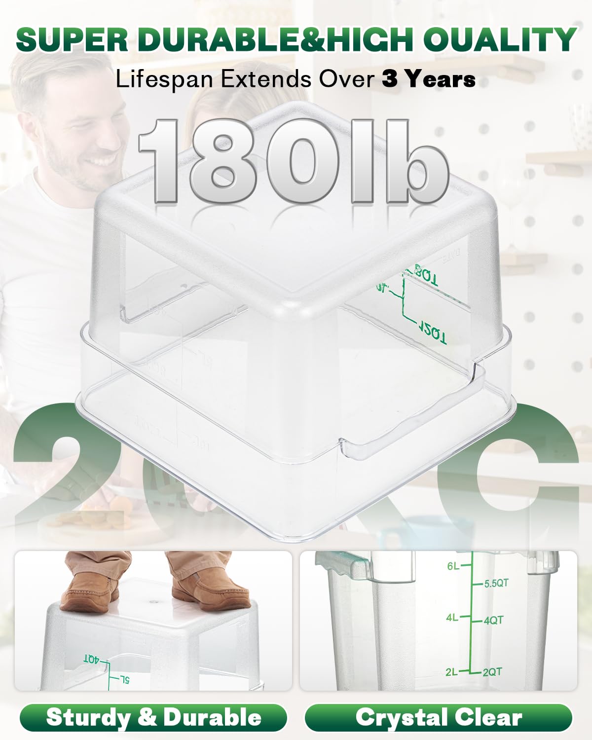 SVKLHY 2QT&4QT NSF Food Storage Containers: 8 PCS[Food Grade] [Hot&Cold Resistant] Commercial Clear Square Food Storage Containers with Scales Handles for Home Restaurant Kitchen(BPA FREE)
