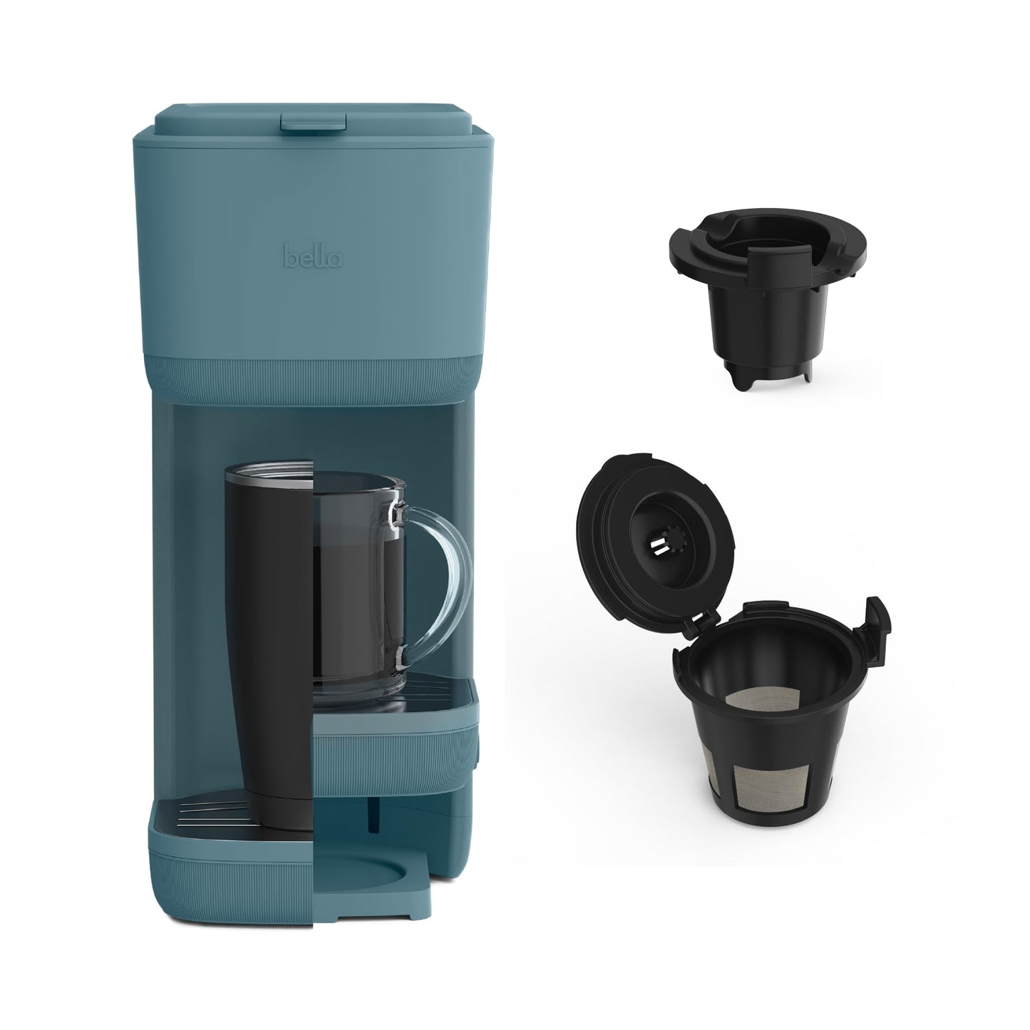BELLA Single Serve Coffee Maker, K Cup & Coffee Ground Compatible with Removable, Adjustable Drip Tray, Auto Shutoff & Reusable Dishwasher Safe Accessories, Brews 6oz to 14oz, 1000 Watt, Surf