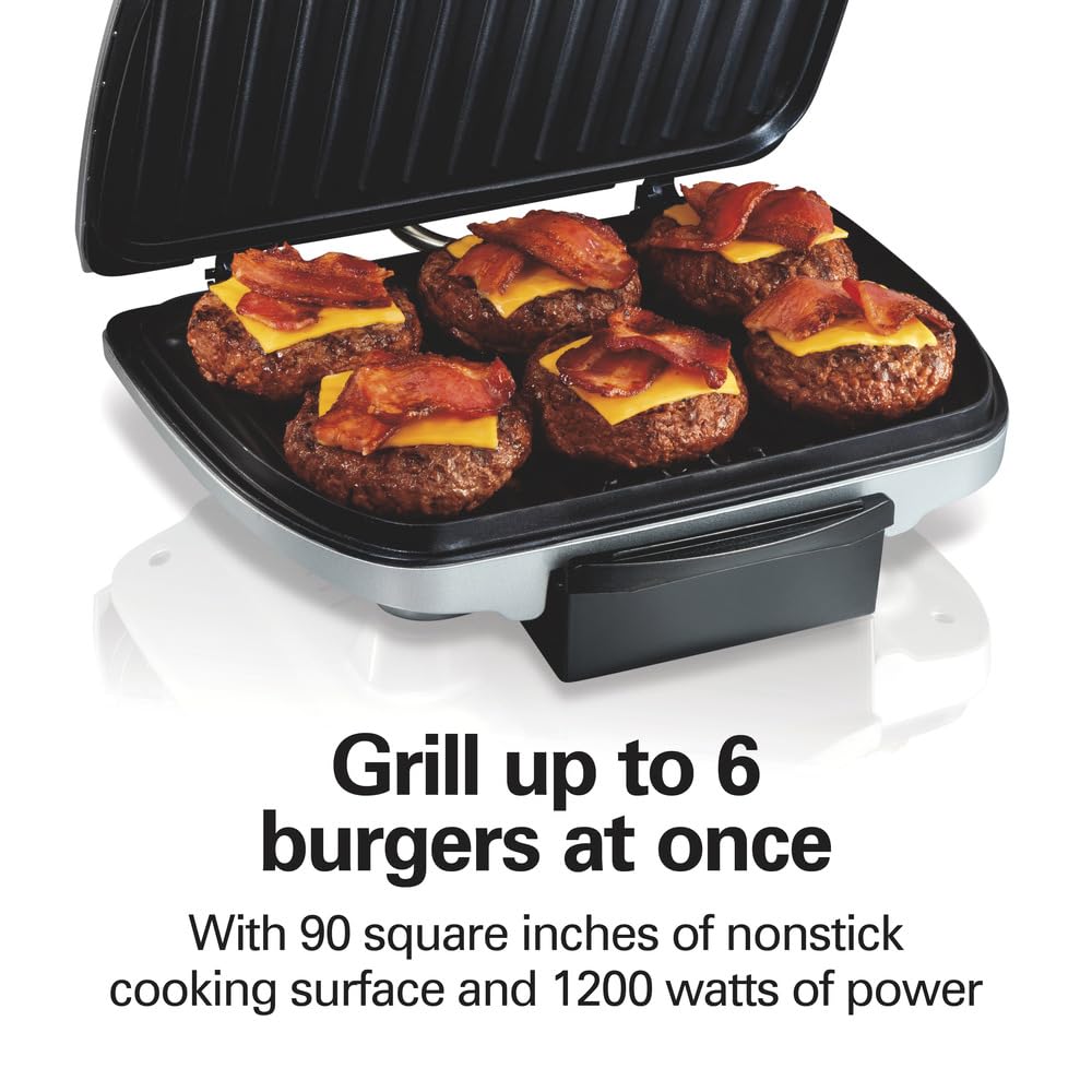 Hamilton Beach Electric Indoor Grill, 6-Serving, Large 90 sq. in. Nonstick Easy Clean Plates, Floating Hinge for Thicker Foods, 1200 Watts, 6.38"D x 12.68"W x 13.78"H , Silver (25371)