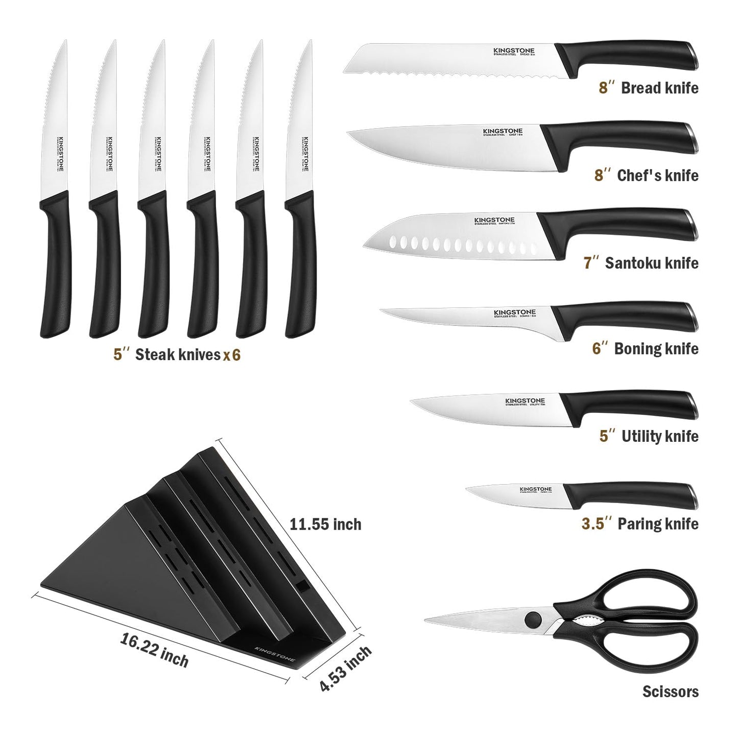 KINGSTONE 14-Piece Kitchen Knife Set with Block, High-Carbon Stainless Steel Knives Set, Ergonomic Non-Slip Handle, Professional Knife Set for Kitchen for Home Cooking & Gifting, Black
