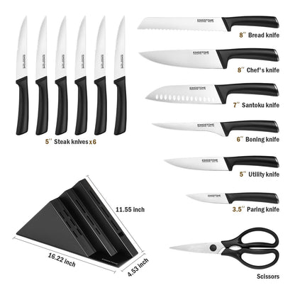 KINGSTONE 14-Piece Kitchen Knife Set with Block, High-Carbon Stainless Steel Knives Set, Ergonomic Non-Slip Handle, Professional Knife Set for Kitchen for Home Cooking & Gifting, Black