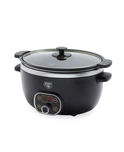 GreenLife 6QT Slow Cooker, Non-Toxic PFAS-Free Ceramic Nonstick Removable Interior Bowl, Programmable, Family Friendly, Keep Warm, Stovetop & Oven Safe, Dishwasher Safe Crock, Timer, Glass Lid, Black