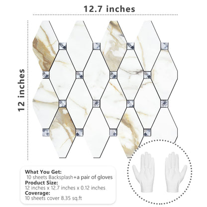 STICKGOO 10 Sheets Peel and Stick Backsplash, Calacatta Golden Stick on Mosaic Tiles for Kitchen Wall Decor, Self Adhesive Long Hexagon PVC Tile Kitchen Backsplash