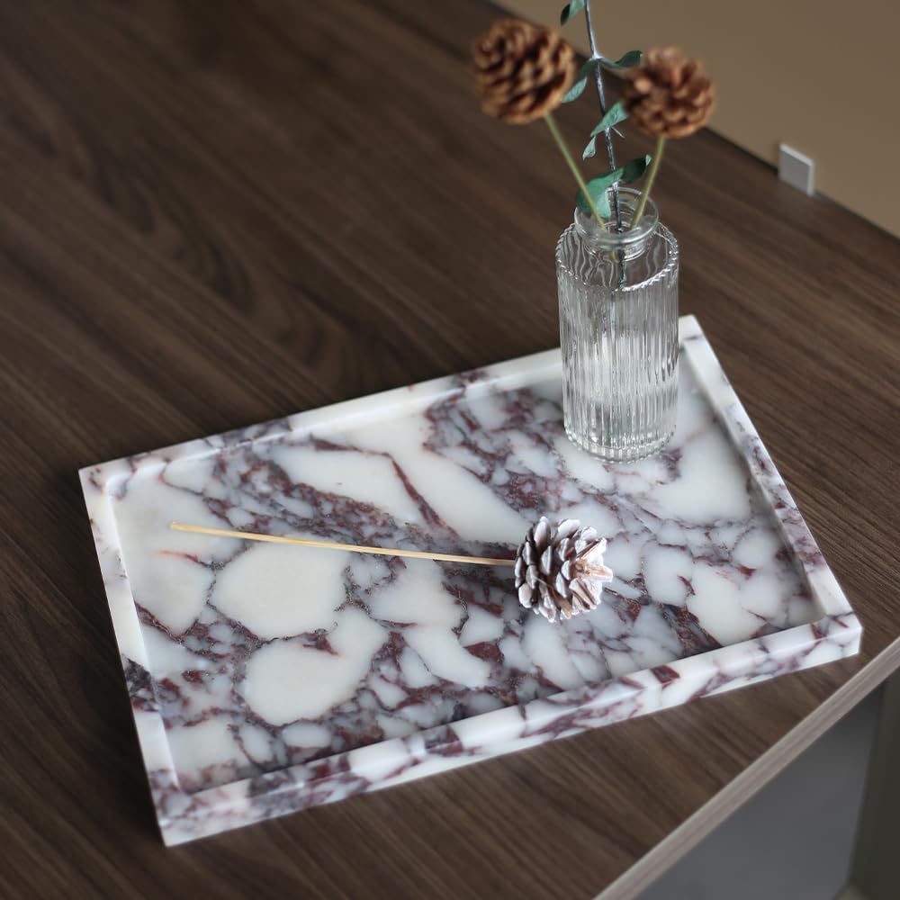 Real Luxurious Natural Marble Vanity Tray Genuine Marble Storage Tray for Home Decor Stone Tray for Bathroom/Kitchen/Vanity/Dresser,Plate Holder for Tissues, Candles, Towel