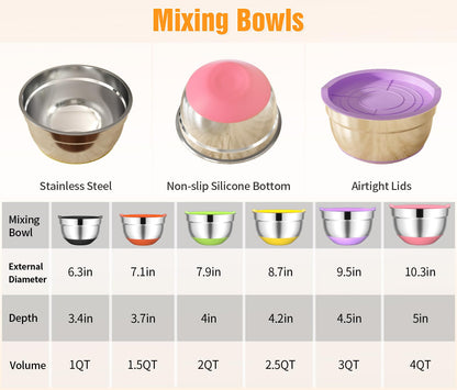 600W Electric Hand Mixer with 6 Piece Mixing Bowls with Airtight Lids Set, Mixer Electric Handheld Stainless Steel Metal Nesting Bowls Set for Kitchen Cooking Baking