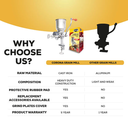 Corona Corn Grinder with High Hopper, Grain Mill, Manual Grinder For Corn, Rice, Soybeans, Pepper, Chickpeas, Cast Iron Wheat Grinder For Domestic Use