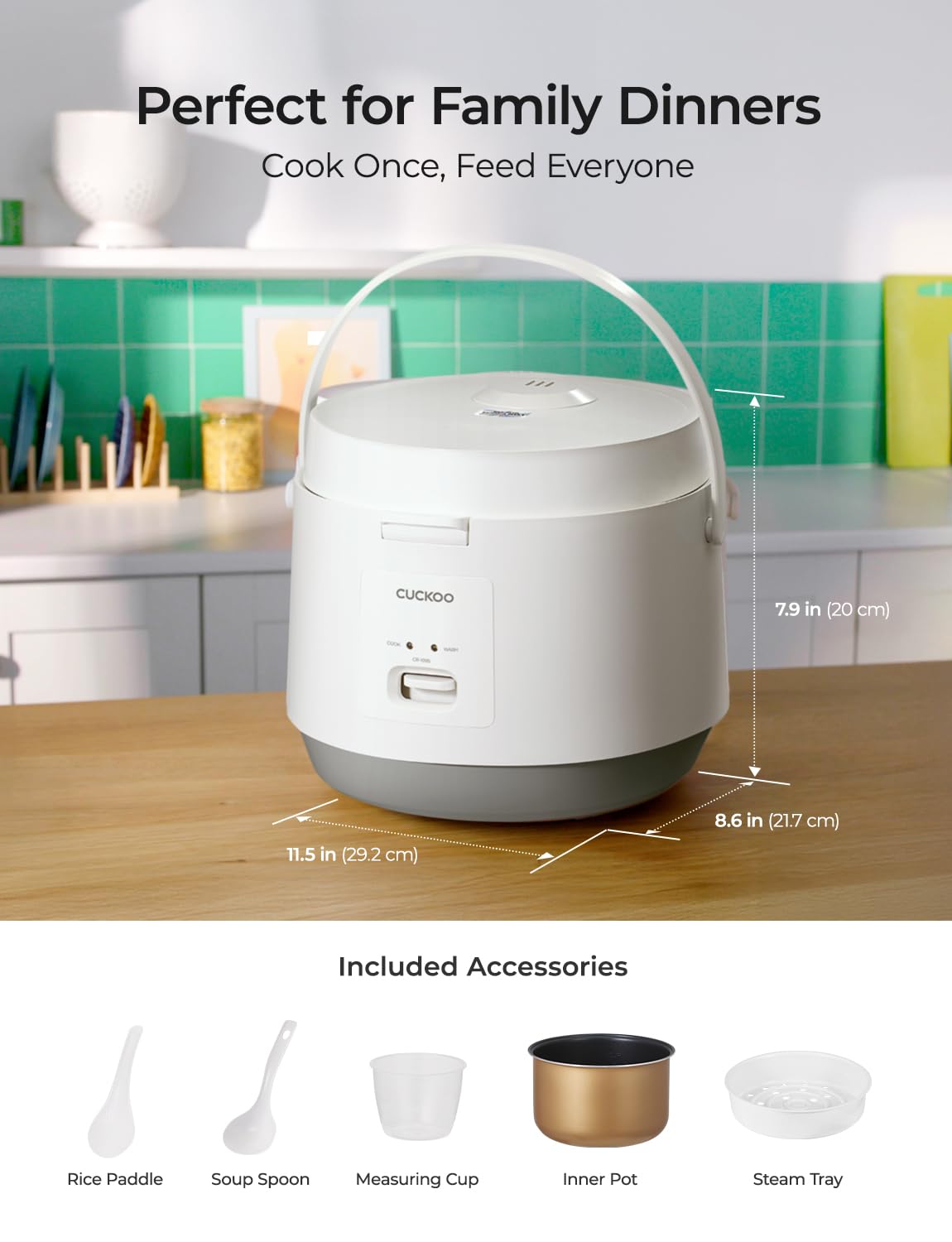 CUCKOO Basic Rice Cooker 10-Cup Uncooked / 20-Cup Cooked, Large Rice Maker and Warmer with Nonstick Inner Pot, Easy to Use with Auto Keep Warm, Includes Steam Tray, White (CR-1095)
