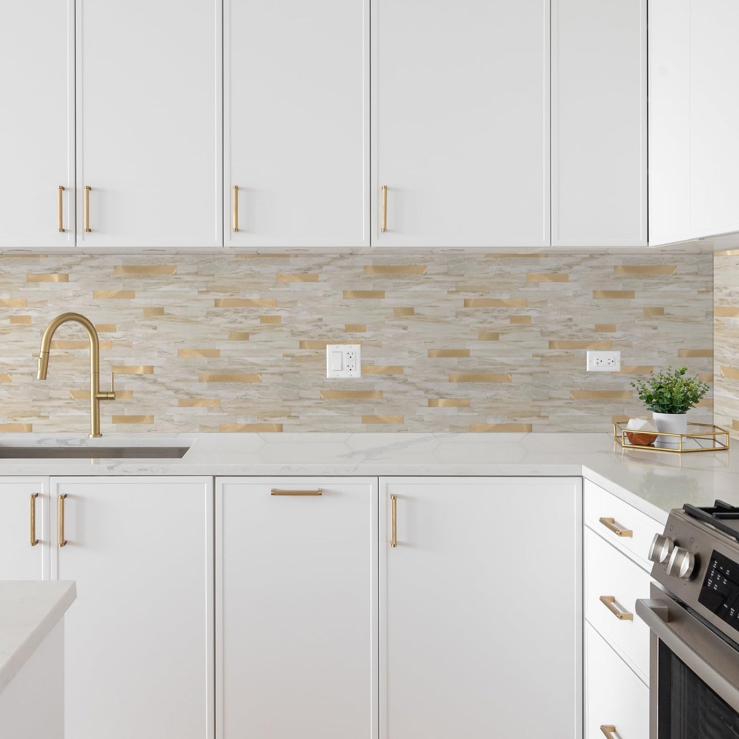 Yipscazo 10 Sheets Peel and Stick Stone Metal Tile Backsplash, Stick on Tiles for Backsplash Kitchen, Bathroom, Laundry Room, Camper, Fireplace (12'' X 12'', Beige Stone with Gold)