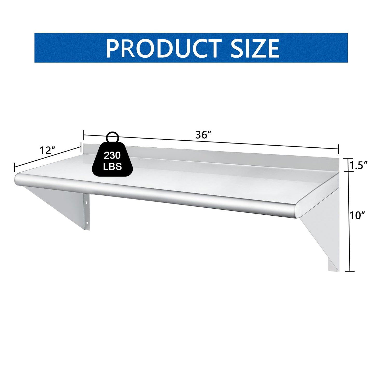HARDURA Stainless Steel Shelf 12" x 36", 230lb Commercial Shelves Wall Mount Metal Shelving with Backsplash and Brackets for Kitchen, Restaurant, Laundry Room and Home