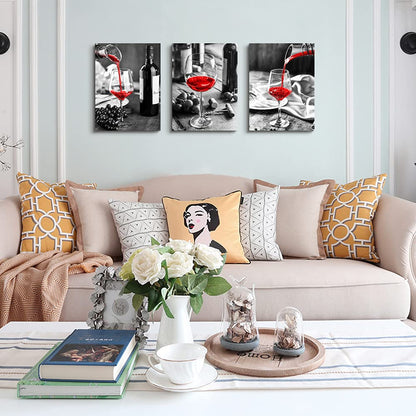 Canvas Wall Art For Kitchen Wall Decor For Dining Room Black And White Wine Glasses Painting Modern Red Wine Canvas Art Prints Ready To Wall Pictures For Restaurant Home Decorations 16"X24" 3 Pieces